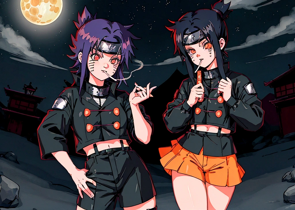 (((naruto character with akatsuki outfit))) smoking weed outside at night, on a full moon night. cena ultra wide 4k 90s