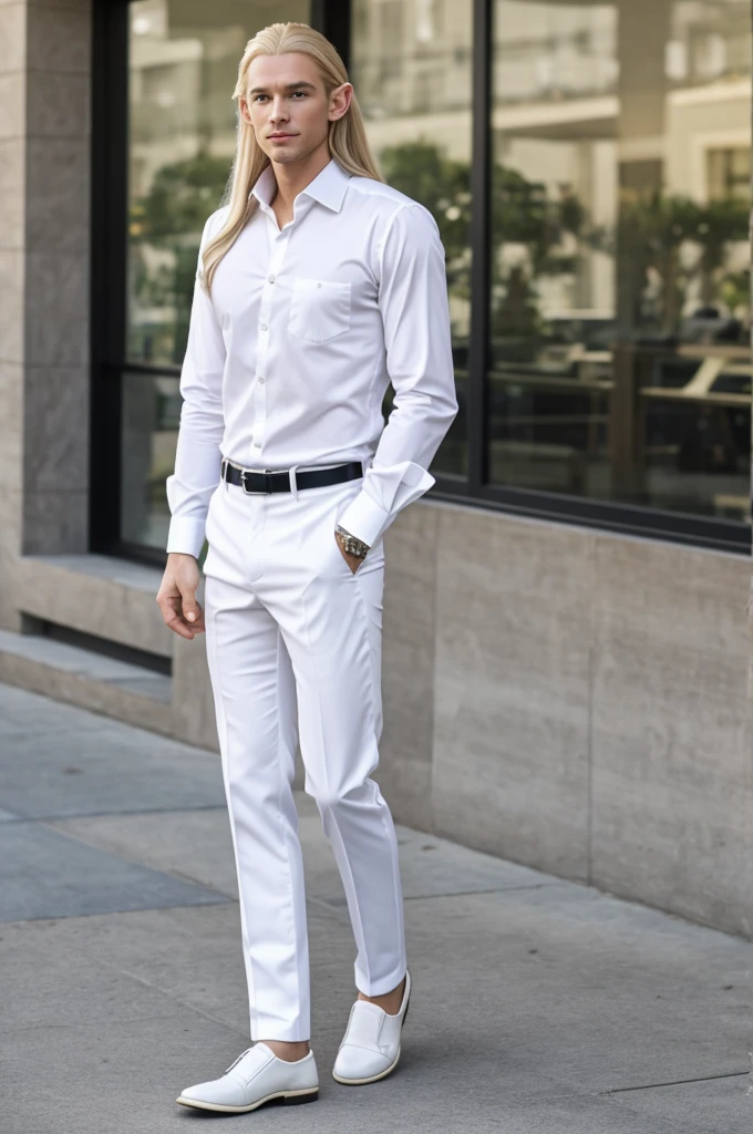 elf, high, very long blonde hair, handsome, wears white shirt, dress pants, It's in a greenhouse, Brown eyes