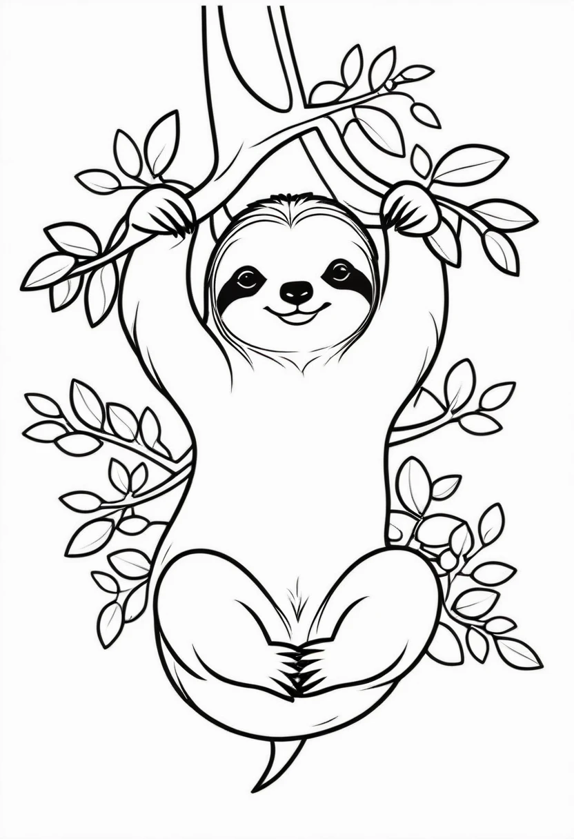 FUNNY KAWAII CUTE SLOTH HANGING OF A TREE CONTOUR VECTOR IMAGE,
