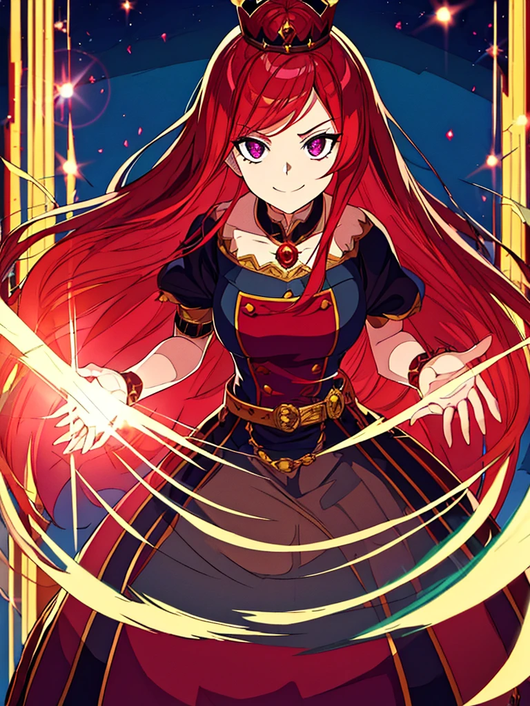 Blood-eyed Princess of Darkness, Redhead, Crown, Wicked Smile, Anime Style, Lens flare, High detail, First Person View, Cinema Lighting, masterpiece, Super detailed, Highest quality, 8K, Ultra-high resolution