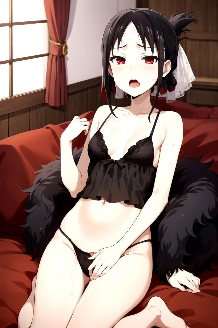 Shinomiya Kaguya, Shinomiyakaguya, Red eyes, small breasts, list brook, black fur, Red eyes, wedding lingerie, bride, wife, Open mouth, saliva, drooling, sweat