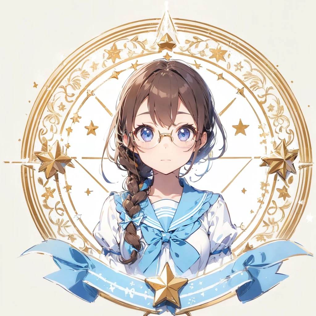Circular emblem{star、ribbon、unicorn、candy、rainbow}、A girl with a single braided hairstyle{Glasses、Brown Hair、Brown eyes、Light blue sailor suit、large breasts}
