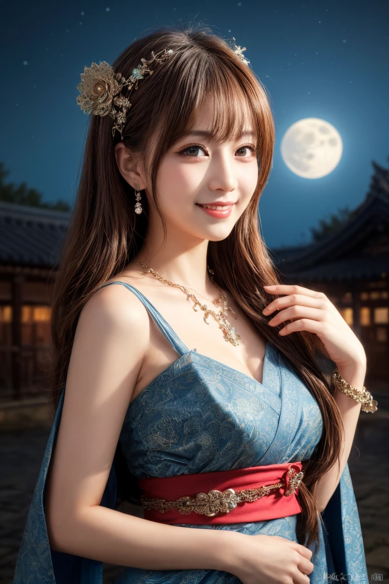 ((masterpiece)), ((best quality)), (ultra-detailed), ((kawaii)), cute, (lovely), ((extremely detailed)), 4K, (8K), best quality, (beautiful), illustration, body shot, ((big moon in the background)), mystical ancient temple, night, a cute girl, 1girl, solo, Japanese, many decorations ethnic costume, beautiful light brown hair, beautiful blue eyes, ((beautiful eyes)), long hair, hair ornaments, necklace, light smile, blush, sparkling effect