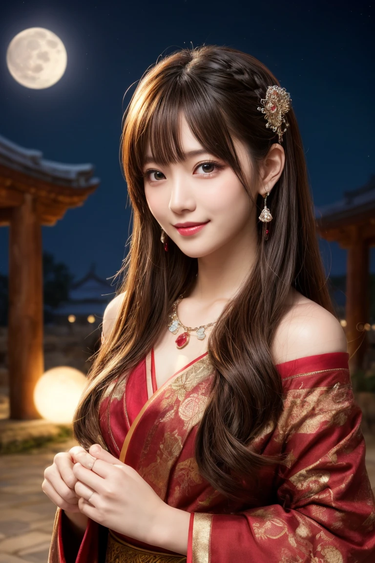 ((masterpiece)), ((best quality)), (ultra-detailed), ((kawaii)), cute, (lovely), ((extremely detailed)), 4K, (8K), best quality, (beautiful), illustration, body shot, ((big moon in the background)), mystical ancient temple, night, a cute girl, 1girl, solo, Japanese, many decorations ethnic costume, beautiful light brown hair, beautiful blue eyes, ((beautiful eyes)), long hair, hair ornaments, necklace, light smile, blush, sparkling effect