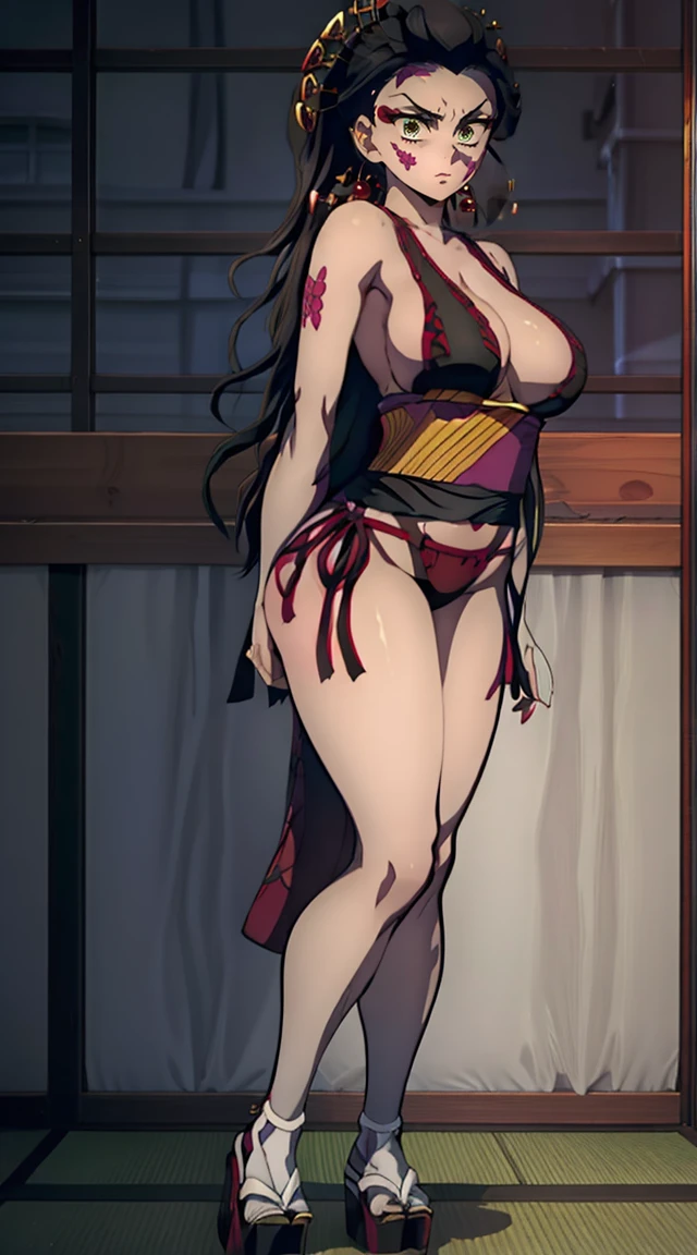 One Demon Girl, is looking at the camera, Beautiful waist, Hands Behind Your Back, sexypose, handsome body (Correct anatomy), stands leaning forward, Keeps his hands behind his back, sexy japanese clothes, Japanese style clothes, demon geisha, beautiful body is completely visible, Masterpiece, Best Quality, in full height (Body Full 1.1.), Beautiful waist, nice feet, hiquality, Highly detailed face, Depth of field, HDR, Very detailed, Ray Tracing, full - body, Dark Fantasy, Demon Tattoo, Ultra Beautiful, lovely small breasts., 1girl, solo, looking a viewer, black hair, hair ornament, Jewelry, closed mouth, Green eyes, Yellow eyes, japanese clothes, kimono, makeup, lipstick, slit pupils, glowing eyes, angry, red-lips, hair stick