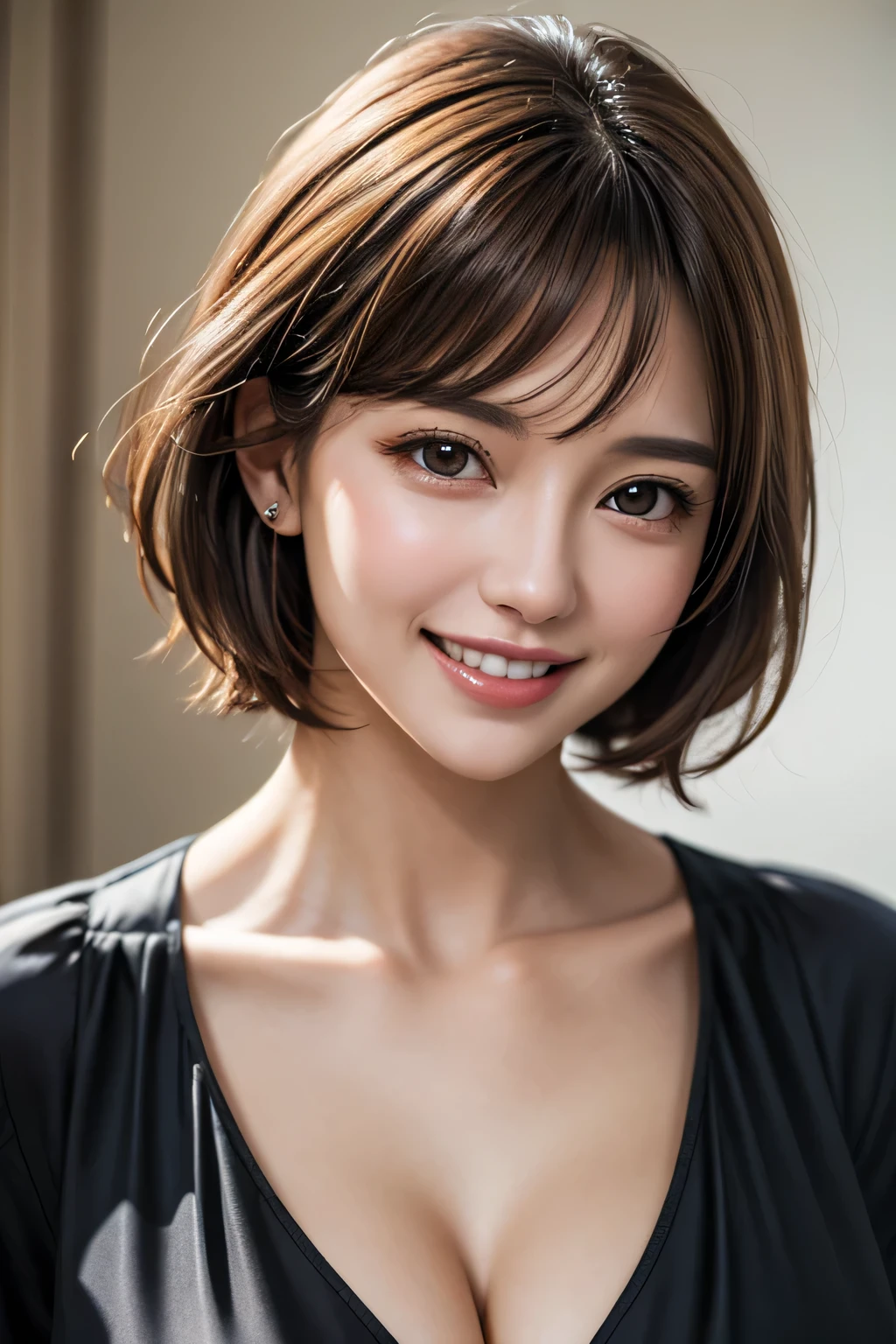 ((masterpiece)), ((Highest quality)), ((Complex)), ((Surreal)), (Realistic), (Mature Woman), ((No classes)), Very detailed, (1 female), Beautiful and exquisite, (Beautiful Teeth), Grin, Brunette Bob Hair, Brown eyes, ((blouse)), (Upper Body), (background:none), Perfect Eyes, Captivating eyes, Looking at the audience