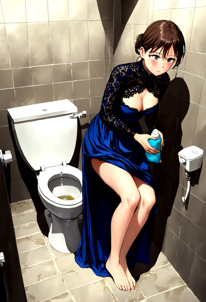 (1 girl, have to pee, pissing herself, pissing, pissing self, I really desperately want to pee, have to pee, have to pee, pissing, pissing self, pissing, pissing self:1.5), (Girl in the toilet, toilet behind the girl, long dress, Lace bolero, long skirt, underskirt, foot products, have to pee, knees together and legs apart, Skirt lift, Undressing panties:2), (hand between legs, leaning forward:1.5), (To shrug:2), (erotic body turn:1.5), (impatient, timid, blush all over the face, embarrassed, choky, panic, wet eyes:1.5), (the girl can't stand straight:1.6), (Best quality:2), (detailed face, draw up, lips), Above