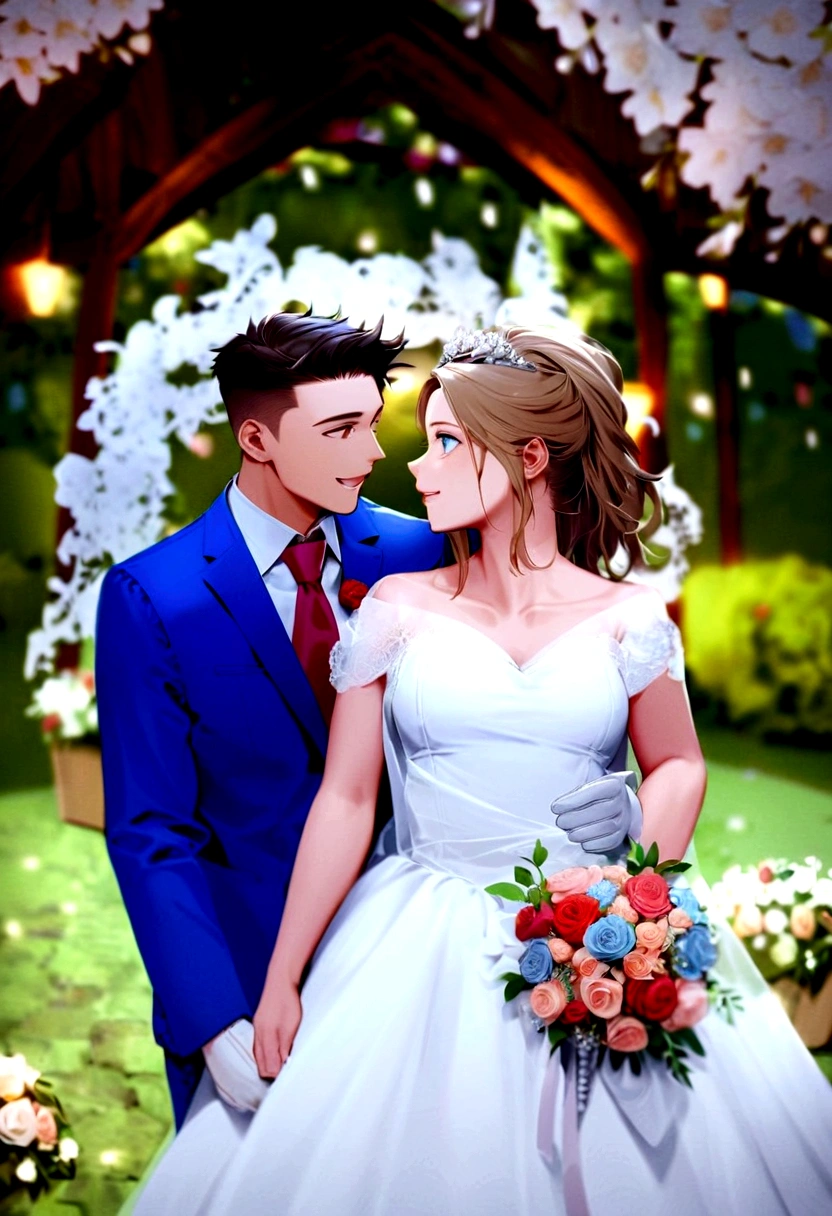 work of art, 1 girl, 1 young boy, don, two people, marriage don, necktie, Couple, ssmile, strapless don, eyes locked, pants, strapless, veil, flowers, long blonde hair, containment, jewerly, mitts, chemise, necklase, bouquet, white pants, containment bouquet, white don, blue colored eyes, white chemise, sem mitts, white jacket, red necktie, bridal veil, White background, marriage, husband and wife, long sleeves, long don, red flowers, shorth hair, standing, capa do romance