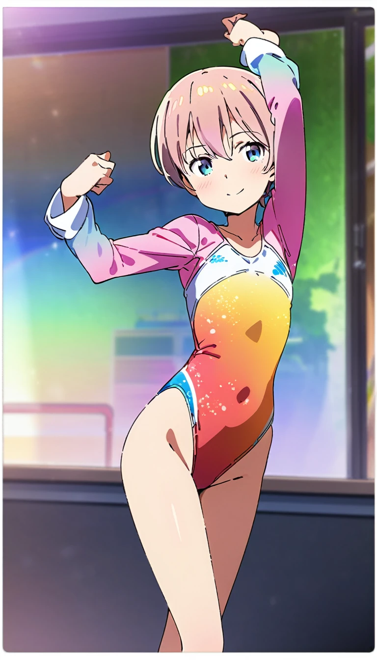 expensivequality illustration, masterpiece, Very delicate and beautiful, Attractive girl,(Gymnastics leotard, Floral print leotard,Long sleeve leotard with glittery embellishments,expensive_Leg leotard,athletic leotard,tight-fitting leotard,Rainbow gradient leotard),thin,Slender body,slim,expensive school,Gymnasium background,Gymnastics Club,Gymnast,Princess, Beautiful Eyes,A light smile,(masterpiece, Highest quality:1.2), expensiveres, 非常に詳細な CG ユニティ 8K 壁紙, Perfect lighting, colorful, ultra-expensive res,4K,Super detailed, photograph, 8K, High resolution, 17 years old,