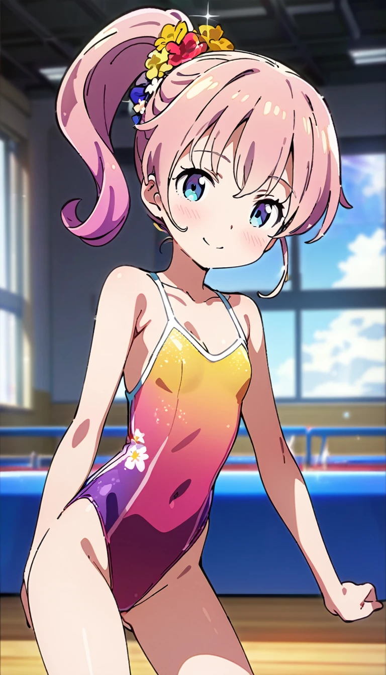 expensivequality illustration, masterpiece, Very delicate and beautiful, Attractive girl,(Gymnastics leotard, Floral print leotard,Long sleeve leotard with glittery embellishments,expensive_Leg leotard,athletic leotard,tight-fitting leotard,Rainbow gradient leotard),thin,Slender body,slim,expensive school,Gymnasium background,Gymnastics Club,Gymnast,Princess, Beautiful Eyes,A light smile,(masterpiece, Highest quality:1.2), expensiveres, 非常に詳細な CG ユニティ 8K 壁紙, Perfect lighting, colorful, ultra-expensive res,4K,Super detailed, photograph, 8K, High resolution, 17 years old,