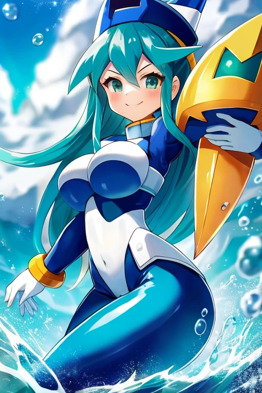 leviathan_megamanz, leviathan (mega man), deep sea, skindentation, looking at viewer, 1girl, smile, white bodysuit, blue thigh boots, diving, summoning ice dragon, water drop, masterpiece), (highly detailed, hdr, vivid colors, depth of field, blurry background), best quality, expressive eyes, perfect face, volumetric lighting, light particles,BREAK, high quality, leviathan_\(mega_man\)