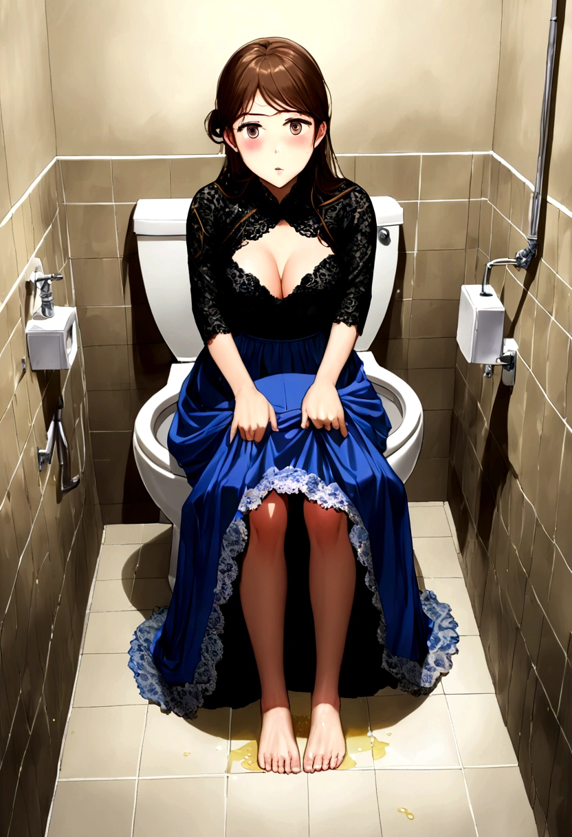 (1 girl, have to pee, pissing herself, pissing, pissing self, I really desperately want to pee, have to pee, have to pee, pissing, pissing self, pissing, pissing self:1.5), (Girl in the toilet, toilet behind the girl, long dress, Lace bolero, long skirt, underskirt, foot products, have to pee, knees together and legs apart, Skirt lift, Undressing panties:2), (hand between legs, leaning forward:1.5), (To shrug:2), (erotic body turn:1.5), (impatient, timid, blush all over the face, embarrassed, choky, panic, wet eyes:1.5), (the girl can&#39;t stand straight:1.6), (Best quality:2), (detailed face, draw up, lips), Above