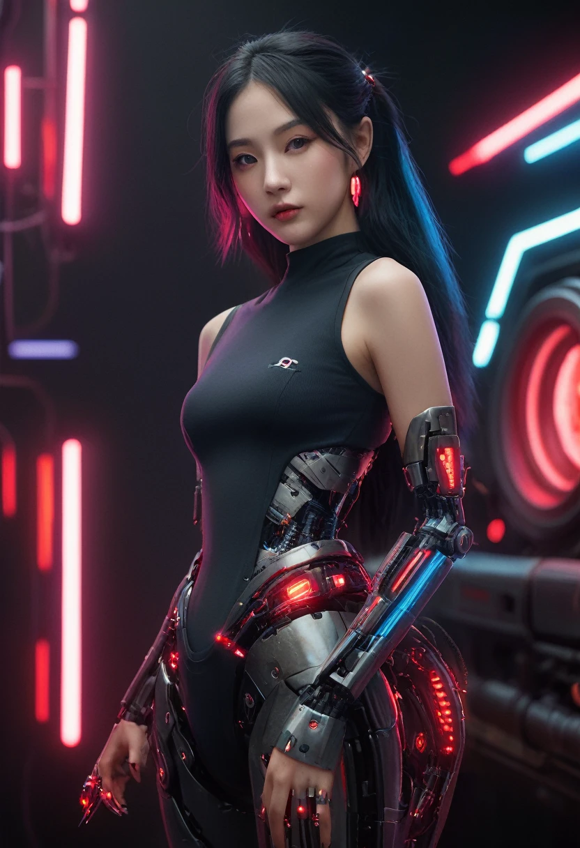 xxmixgirl. Highly detailed professional 35mm film, bokeh, face in sharp focus. A robotic female, Miku, with ((metal skin)), ((perfect Asian eyes)) with magenta irises and ((black pupils)), beautiful serious (detailed face), 18 year old ((photorealistic face)), very long magenta twin tails of magenta hair, twin black hair ties with a single red stripe. She may have a black audio headpiece. We can see her ((full body)) down to her boot soles. Her outfit is a sleeveless collared light grey shirt, outlined in red around the frilled collar and hems. Shiny reflective ((metallic breast cups, dimpleless)), invisible nipples. She wears black sleeves with red hems that start around her upper arm and bellow out as the sleeves open and extend to her wrists, with wide trumpet red rimmed cuffs. She has perfect robotic (detailed hands). She wears a red colored tie with two horizontal solid parallel black lines halfway across. She wears a fabric black skirt with a horizontal red hem at the bottom all the way around; her (((black skirt wraps around her))) and ((her skirt completely covers)) her robotic waist and thighs. Tall black boots with red bottom soles, a red rim around the top at her thighs. Her mechanical shoulder joints are visible. We can see her robotic legs and robotic neck. Half of her is covered with shiny polished machinery. The background is a distant dark neon futuristic Japanese city, gold, cyan, violet neon, near harbor or mountains.