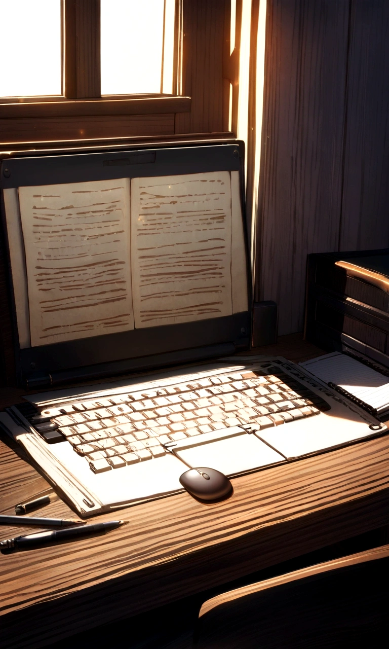 In a room well lit by the morning sun, a solid oak desk displays a modern laptop with a high-resolution screen that softly reflects light. The ergonomic keyboard is placed in front of the screen, alongside a stylishly designed optical mouse. The laptop is on, emitting a soft glow that warmly illuminates the room.

Around the laptop, there is a hardcover notebook, with slightly open pages, revealing handwritten notes in elegant calligraphy. A set of pens of different colors rests next to the notebook on a handcrafted wooden stand, ready to be used for new ideas or revisions.

Sunlight streams in through the window, creating games of shadow and light on the wooden table, highlighting the rich texture and details of the natural wood grain. The environment is peaceful and inspiring, providing an ideal setting for creative work or concentrated study.



