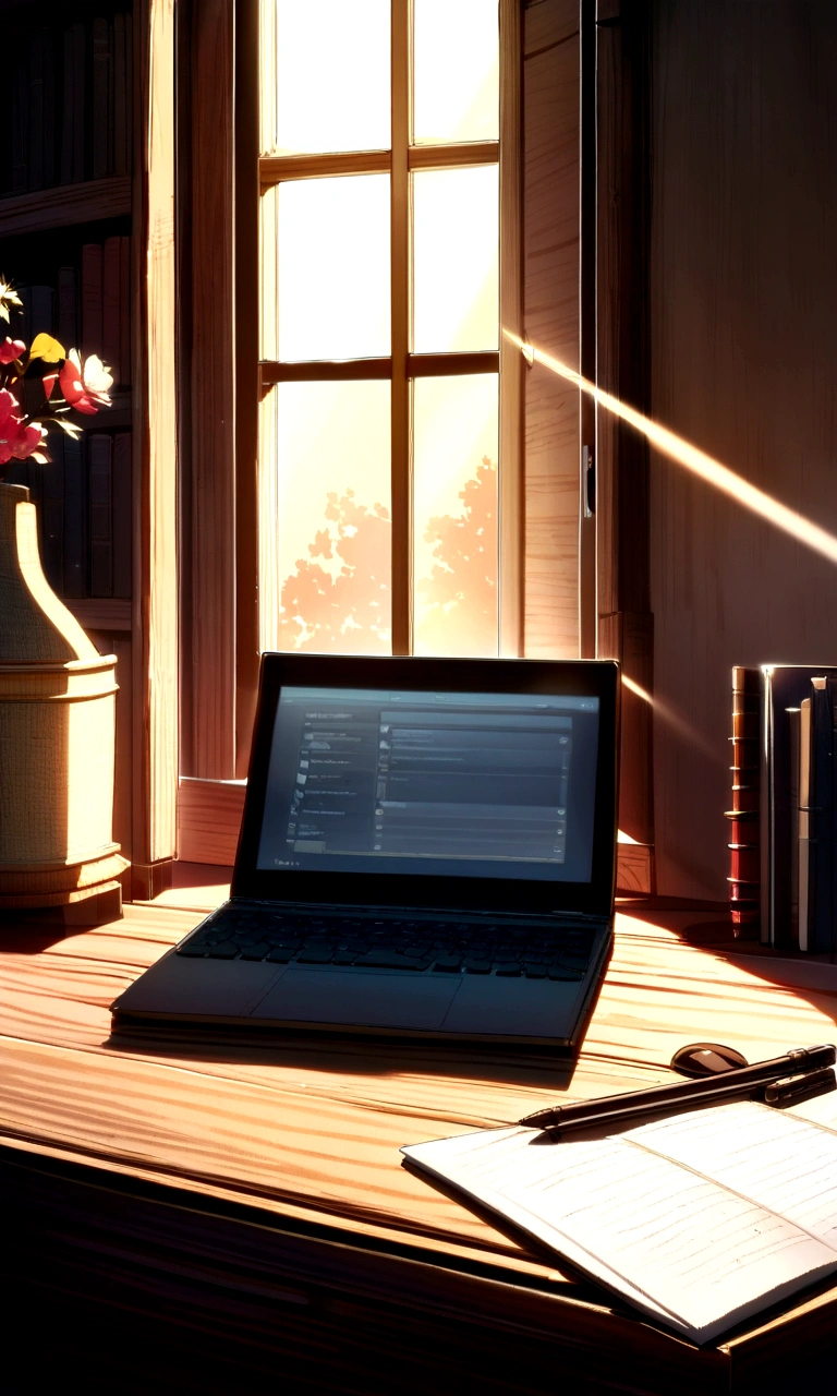In a room well lit by the morning sun, a solid oak desk displays a modern laptop with a high-resolution screen that softly reflects light. The ergonomic keyboard is placed in front of the screen, alongside a stylishly designed optical mouse. The laptop is on, emitting a soft glow that warmly illuminates the room.
Around the laptop, there is a hardcover notebook, with slightly open pages, revealing handwritten notes in elegant calligraphy. A set of pens of different colors rests next to the notebook on a handcrafted wooden stand, ready to be used for new ideas or revisions.
Sunlight streams in through the window, creating games of shadow and light on the wooden table, highlighting the rich texture and details of the natural wood grain. The environment is peaceful and inspiring, providing an ideal setting for creative work or concentrated study.