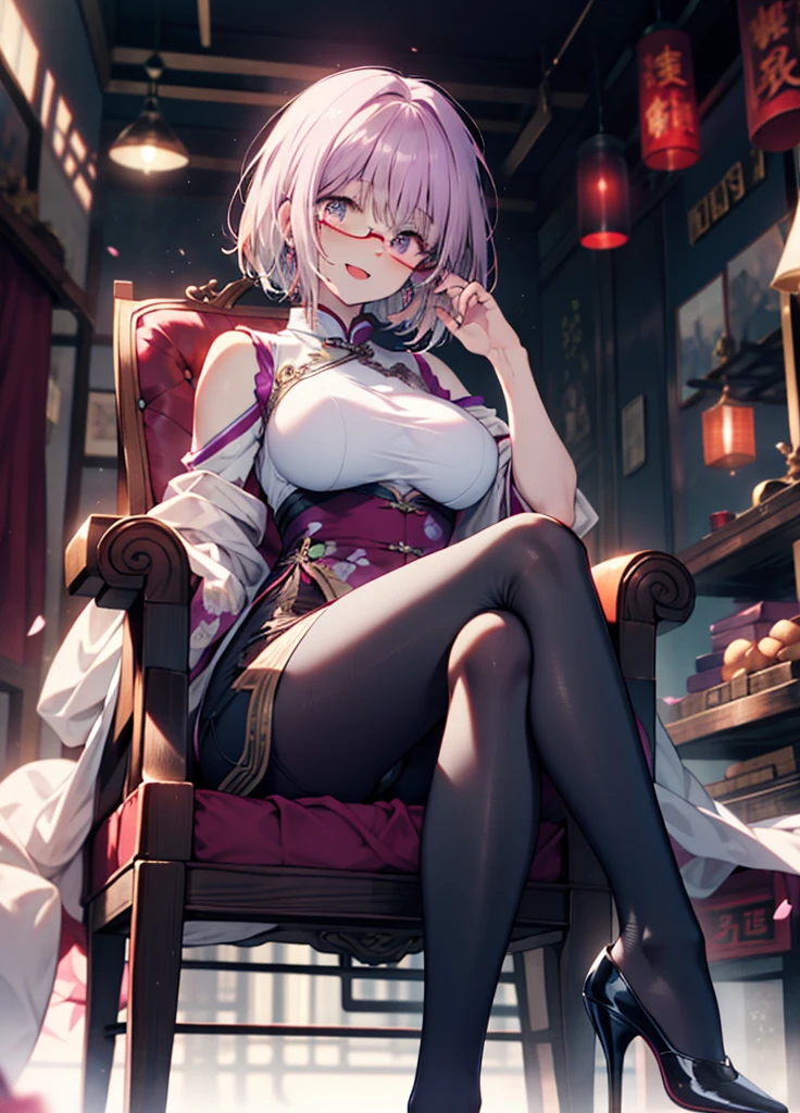 akaneshinjou, shinjou akane, Light purple hair, (Pink Eyes:1.2), happy smile, smile, Open your mouth,short hair,Red-rimmed glasses,hair band,Big Breasts,Sleeveless purple cheongsam,Long slit,Black pantyhose,Stiletto heels,sitting cross-legged on a chair,
break looking at viewer, whole body, break indoors, room, break (masterpiece:1.2), Highest quality, High resolution, unity 8k wallpaper, (shape:0.8), (Beautiful and beautiful eyes:1.6), Highly detailed face, Perfect lighting, Extremely detailed CG, (Perfect hands, Perfect Anatomy),