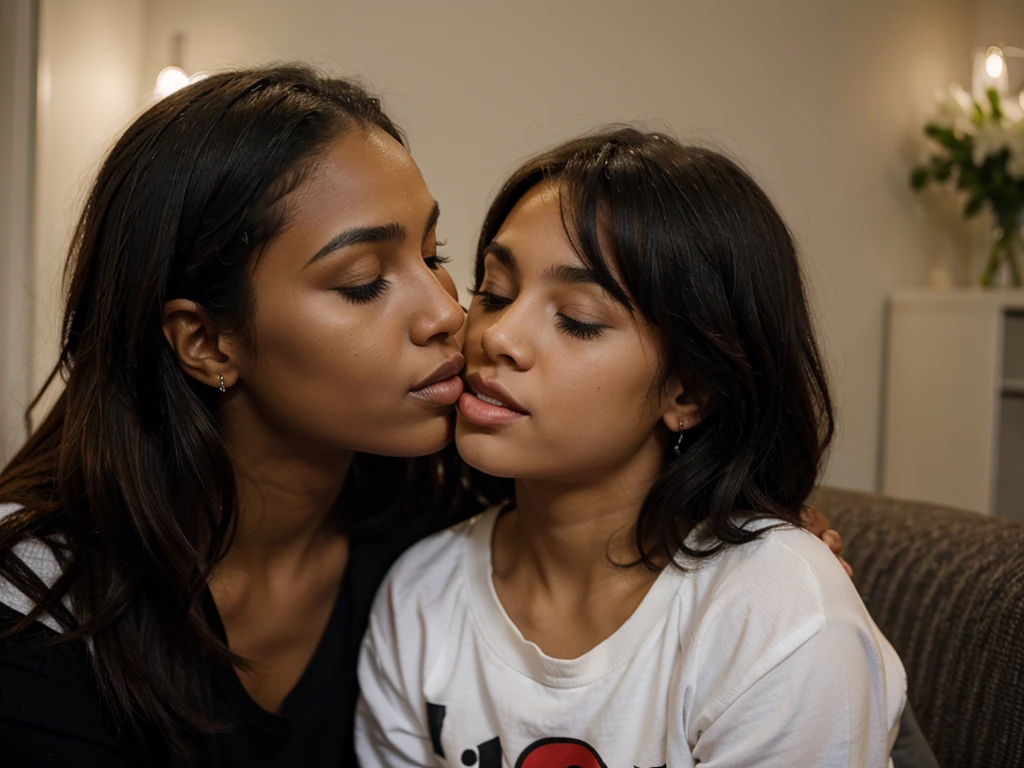 a beautiful woman kissing a young black boy