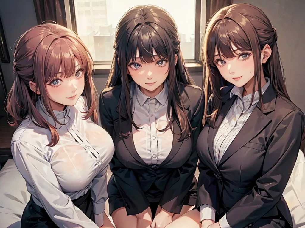 Three sexy women, A seductive smile, looking at the camera, Business woman attire, Sitting on the bed