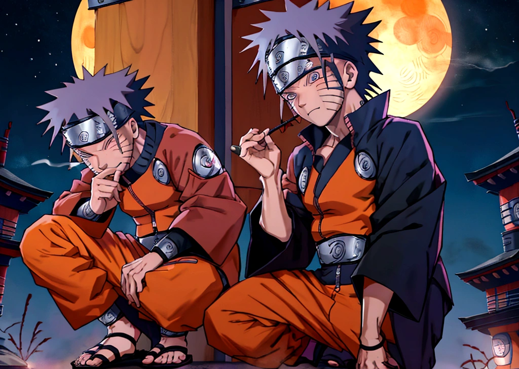 (((naruto character with akatsuki outfit))) smoking weed outside at night, on a full moon night. cena ultra wide 4k 90s