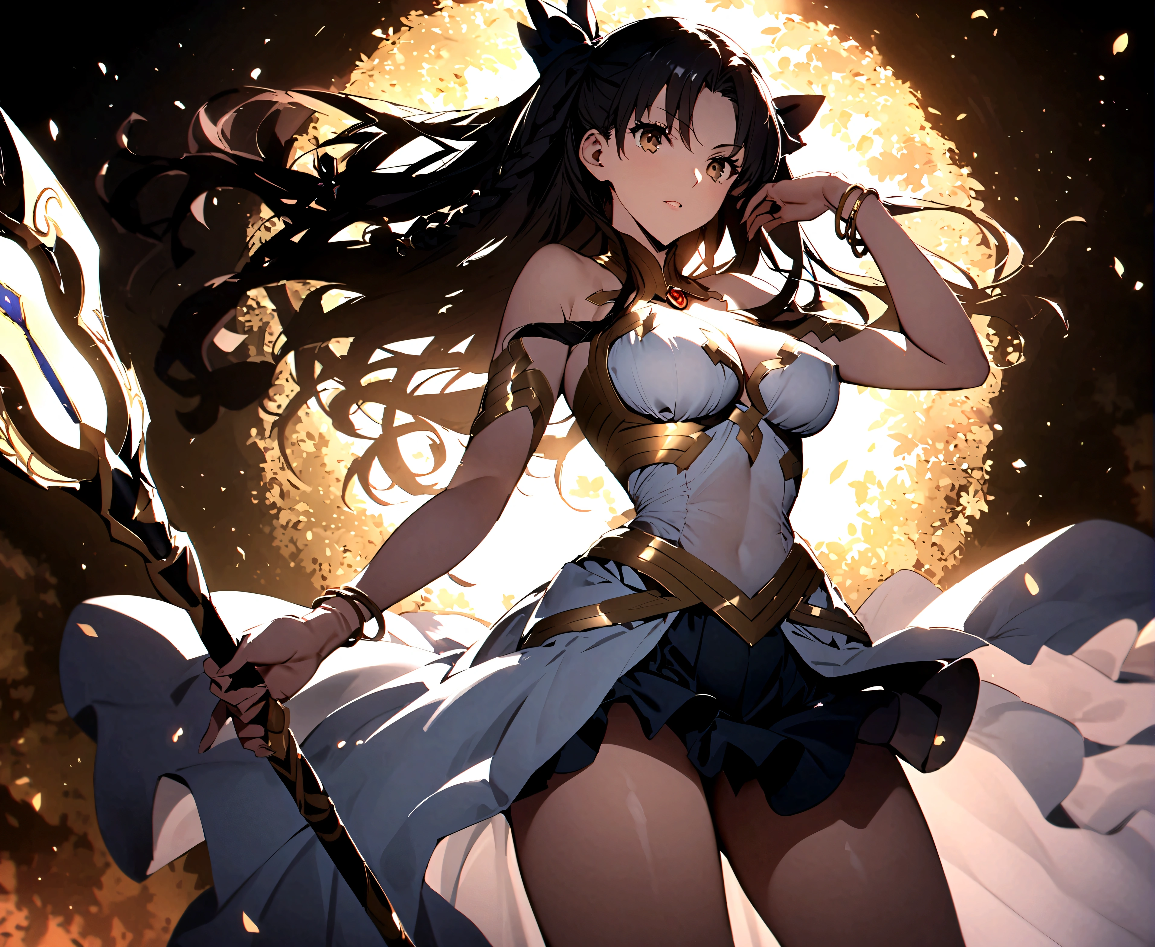 score_9、score_8_up、score_7_up、One girl、solo、Large Breasts、Thighs、Narrow waist、Mature Woman、、Braid、gem、Bracelet、、、skirt、Shooter、Curved Bow、arrow、Have a weapon、Ishtar with a bow/(Fate Grand Order/)
