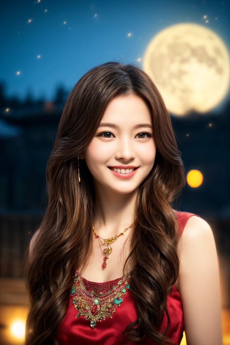 ((masterpiece)), ((best quality)), (ultra-detailed), ((kawaii)), cute, (lovely), ((extremely detailed)), 4K, (8K), best quality, (beautiful), illustration, body shot, ((big moon in the background)), mystical ancient temple, night, a cute girl, 1girl, solo, Japanese, many decorations ethnic costume, beautiful light brown hair, beautiful blue eyes, ((beautiful eyes)), long hair, hair ornaments, necklace, light smile, blush, sparkling effect