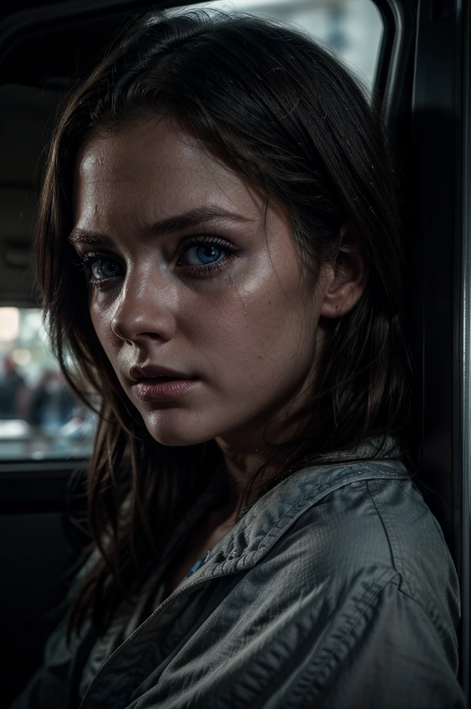 a young white female waking up in cold sweat, back of station wagon, detailed face, beautiful blue eyes, detailed expression, realistic, cinematic lighting, dramatic shadows, moody atmosphere, photorealistic, 8k, masterpiece, award winning, stunning details, high definition