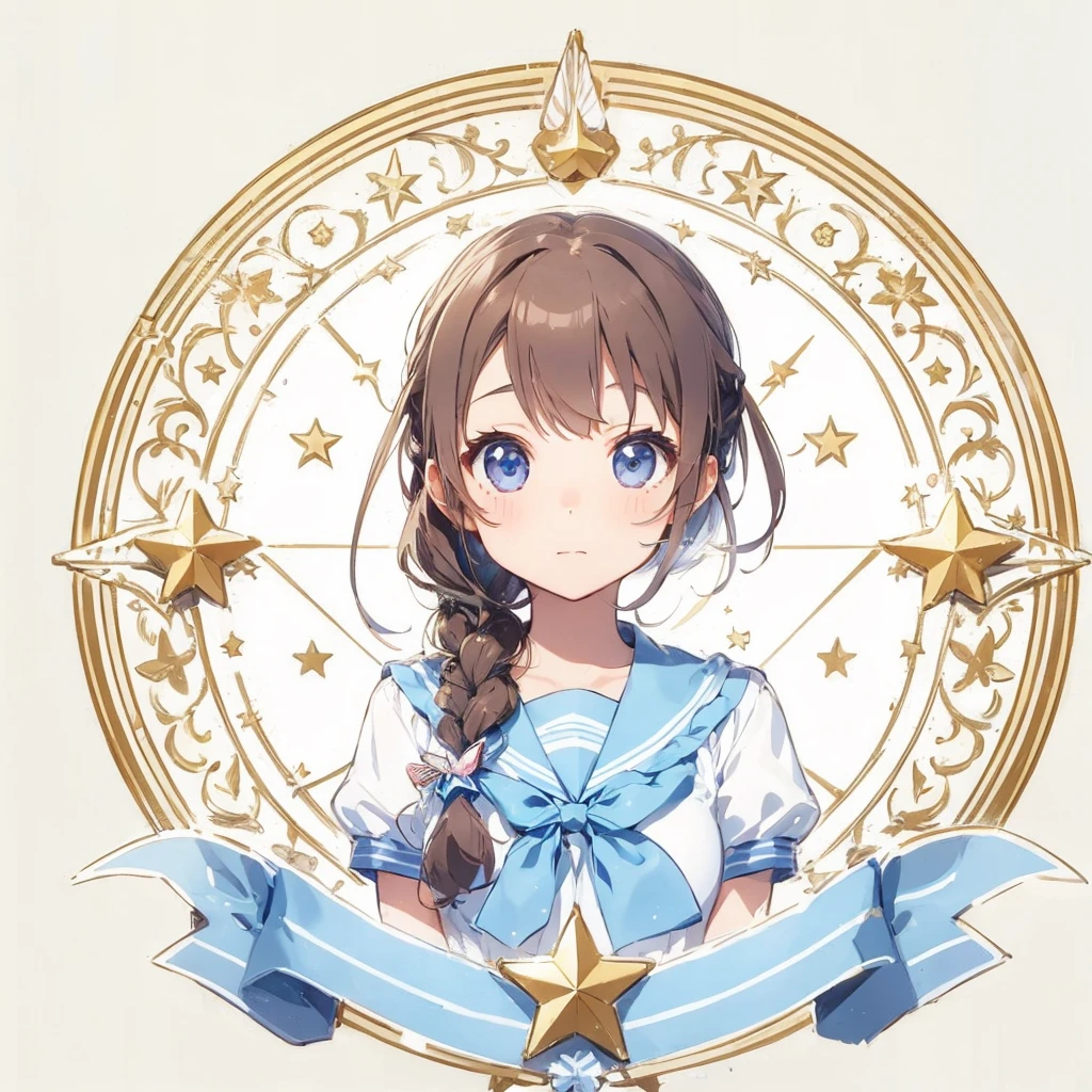 Circular emblem{star、ribbon、unicorn、candy、rainbow}、A girl with a single braided hairstyle{Glasses、Brown Hair、Brown eyes、droopy eyes、light blue sailor suit、large breasts}