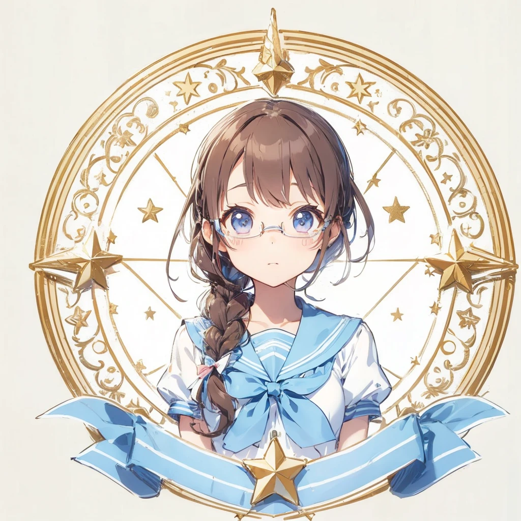 Circular emblem{star、ribbon、unicorn、candy、rainbow}、A girl with a single braided hairstyle{Glasses、Brown Hair、Brown eyes、droopy eyes、light blue sailor suit、large breasts}