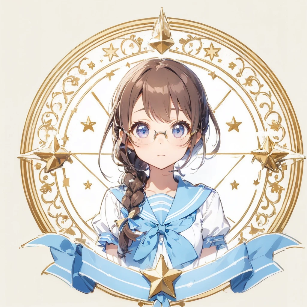 Circular emblem{star、ribbon、unicorn、candy、rainbow}、A girl with a single braided hairstyle{Glasses、Brown Hair、Brown eyes、droopy eyes、light blue sailor suit、large breasts}
