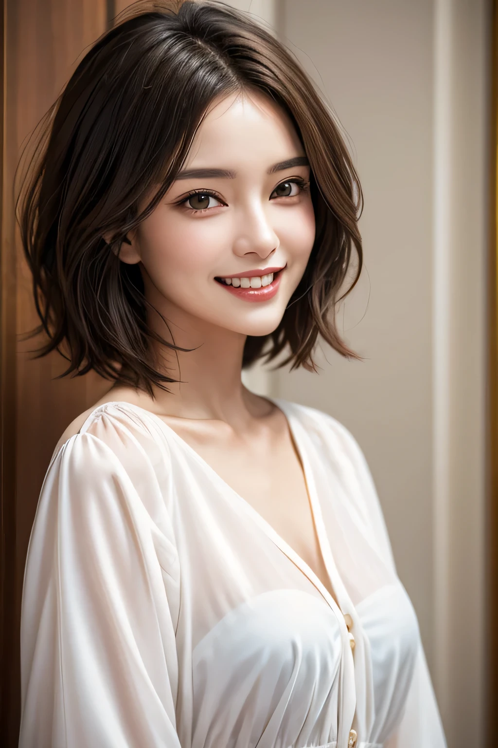 ((masterpiece)), ((Highest quality)), ((Complex)), ((Surreal)), (Realistic), (Mature Woman), ((No classes)), Very detailed, (1 female), Beautiful and exquisite, (Beautiful Teeth), Grin, Brunette Bob Hair, Brown eyes, ((blouse)), (Upper Body), (background:none), Perfect Eyes, Captivating eyes, Looking at the audience