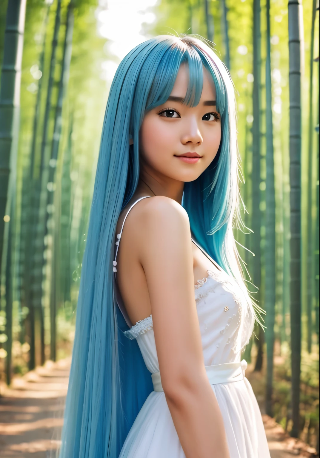 masterpiece, best quality, Official Art, 8k wallpaper, Very detailed, illustration, 1 girl, Sky blue hair, Long hair, Delicate eyes, Forrest Gump, Bare shoulders, hanfu, lake, pure, gentle smile, bamboo, Tea
