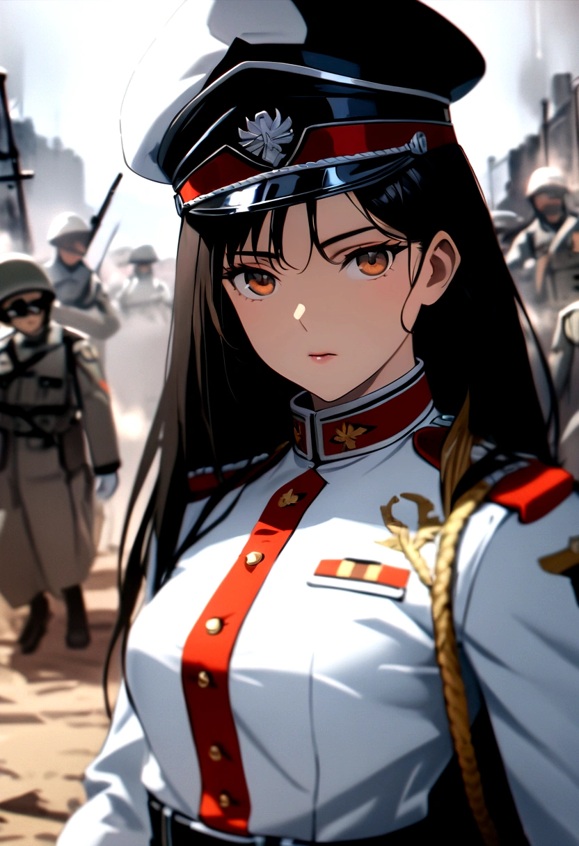 (masterpiece:1.2, best quality), 1. Ms., night, Solitary, photoPractical, Science fiction film, Science fiction, Science fiction, war, Upper Body, Small Breasts, focus on face, Practical, pastel painting, powerful, clever, Sensual, Delicate eyes (Intimidating appearance, Brown eyes) Very detailed, long black hair, Best CG, (wearing German red 2 world war general uniform), army, area force,  army的伟大,
