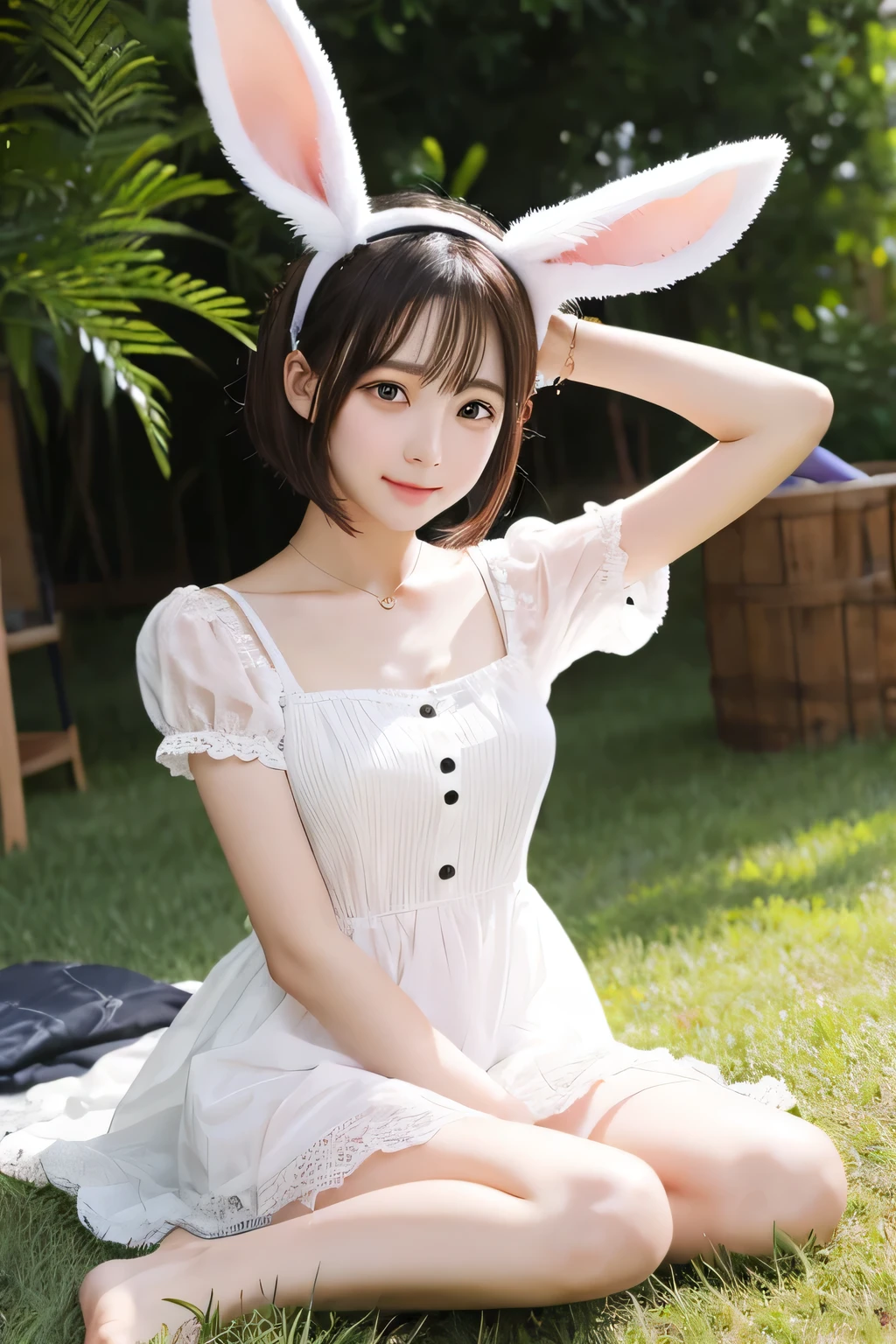 ((masterpiece, best quality)),1 girl, Solitary, animal ears, rabbit, barefoot, skirt, sit, rabbit ears, short sleeves, (Teasing, Shy, blush: 1.3), Looking at the audience, Grass, short hair, white hair, puff sleeves, outdoor, fluffy short sleeves, Bangs, on the ground, whole body, animal, White Dress, Sunlight, Brown eyes, mottled Sunlight, daytime,