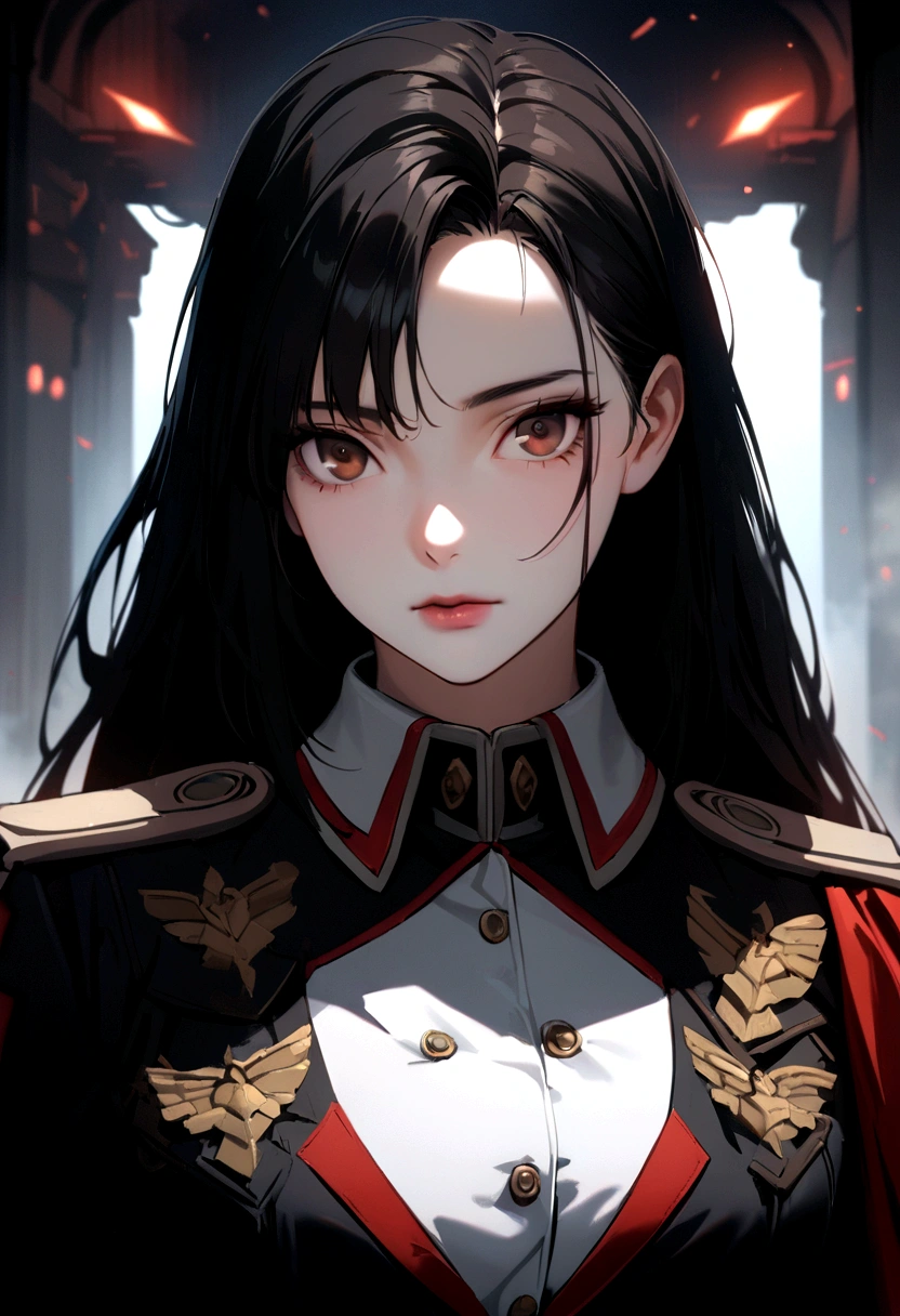 (masterpiece:1.2, best quality), 1. Ms., night, Solitary, photoPractical, Science fiction film, Science fiction, Science fiction, war, Upper Body, Small Breasts, focus on face, Practical, pastel painting, powerful, clever, Sensual, Delicate eyes (Intimidating appearance, Brown eyes) Very detailed, long black hair, Best CG, (wearing German red 2 world war general uniform), army, area force, army的伟大,