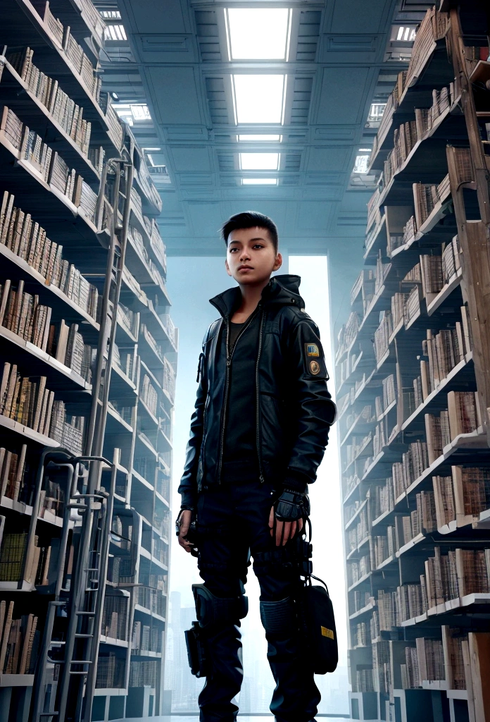 A giant futuristic library with thousands of books. The cyberpunk kid in the library center was stunned