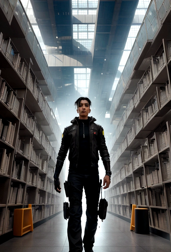 A giant futuristic library with thousands of books. The cyberpunk kid in the library center was stunned