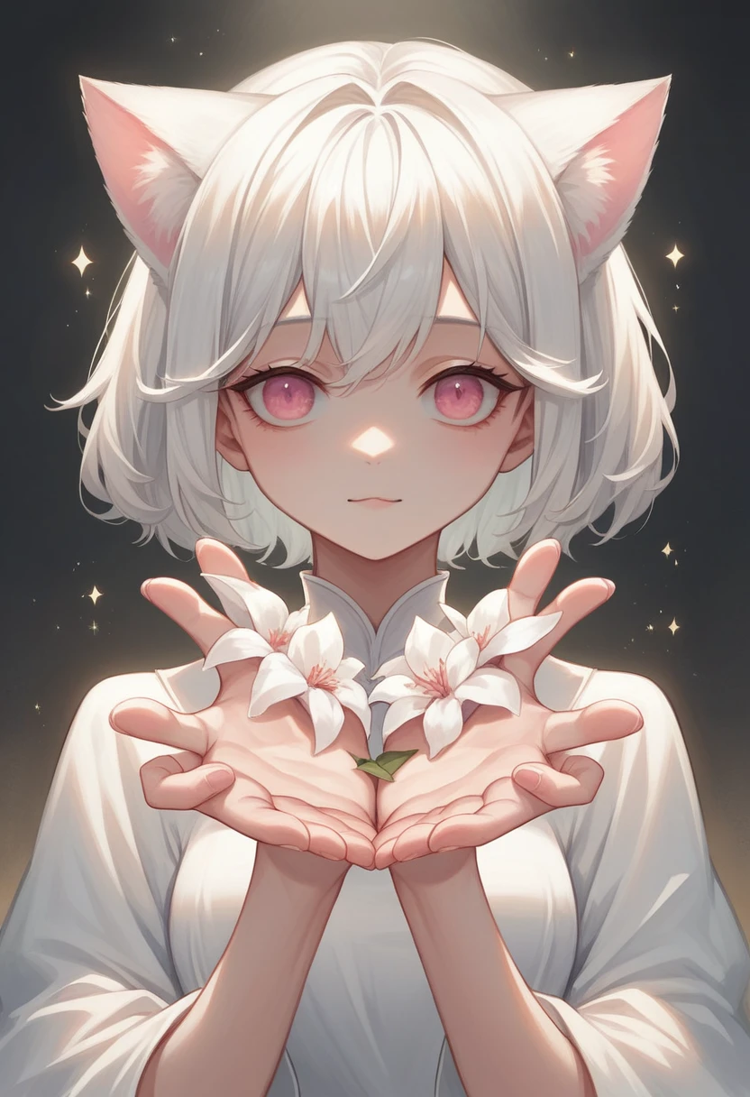Anime girl with cat ears, Soft white hair inside the ears, Her eyes were wide open.,Curious, She was happy to see me, beautiful eyes, White hair, pink eyes, Good Art, Good painting, Anime 2D, 2d, Lovely, 2 hands,5 fingers on each hand, Beautiful hands, Well drawn hands, 4k, 8K,