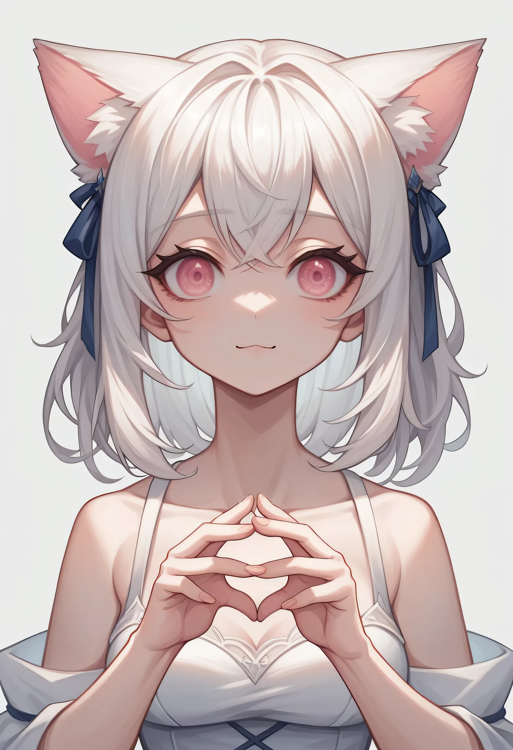 Anime girl with cat ears, Soft white hair inside the ears, Her eyes were wide open.,Curious, She was happy to see me, beautiful eyes, White hair, pink eyes, Good Art, Good painting, Anime 2D, 2d, Lovely, 2 hands,5 fingers on each hand, Beautiful hands, Well drawn hands, 4k, 8K,