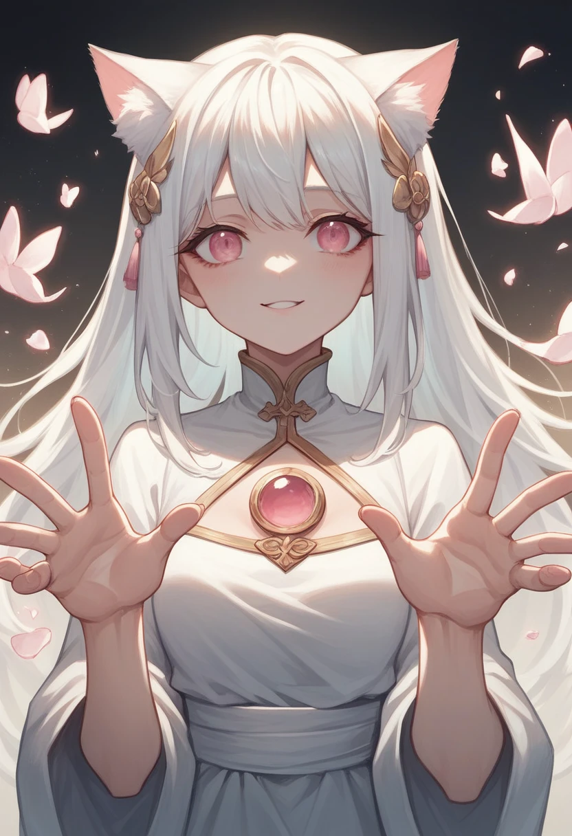 Anime girl with cat ears, Soft white hair inside the ears, Her eyes were wide open..,curious, She was happy to see me, beautiful eyes, White hair, pink eyes, Good Art, Good painting, Anime 2D, 2d, charming, Two hands,Each hand has 5 fingers, Beautiful hands, Well drawn hands, 4k, 8K,