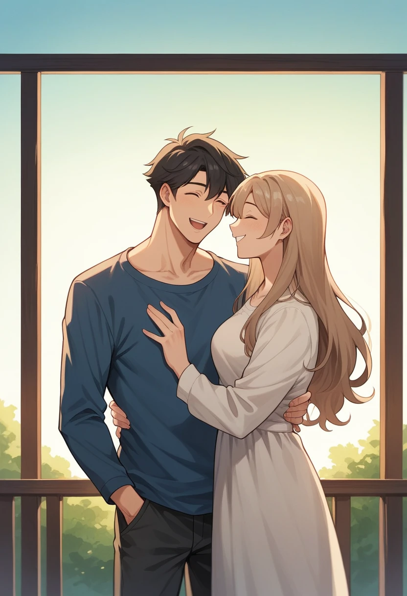 masterpiece, Japanese cartoons, Kawaii, 可like的, Romantic, best quality, Other 2, couple, Mature, aldult, Height Difference, Different fashion, Different colors, Casual Wear, Long sleeve, Smile, Happy, like, whirlwind, Blue sky, Long hair man, Man with light brown hair, Black-haired woman, Black-haired woman  