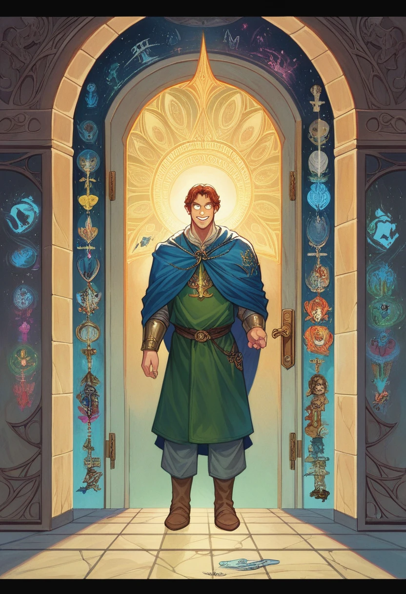 masterpiece, best quality, high quality, 1 boy, Digital Painting, Doorkeeper of prompts, Doorkeeper, key, Door户网站, fantasy, art, The art of math, magical, mystery, Ethereal, Unique style, Highly textured, Intricate details, Vibrant colors, ((By J.R.R. Tolkien, author:Salvador Dali, author:Brian Froud)), absurd, Dynamic poses, A vigilant stance, Door, fantasy Art, magic, protector, surreal, Symbolic, (evil Grin, Grin), Yellow eyes