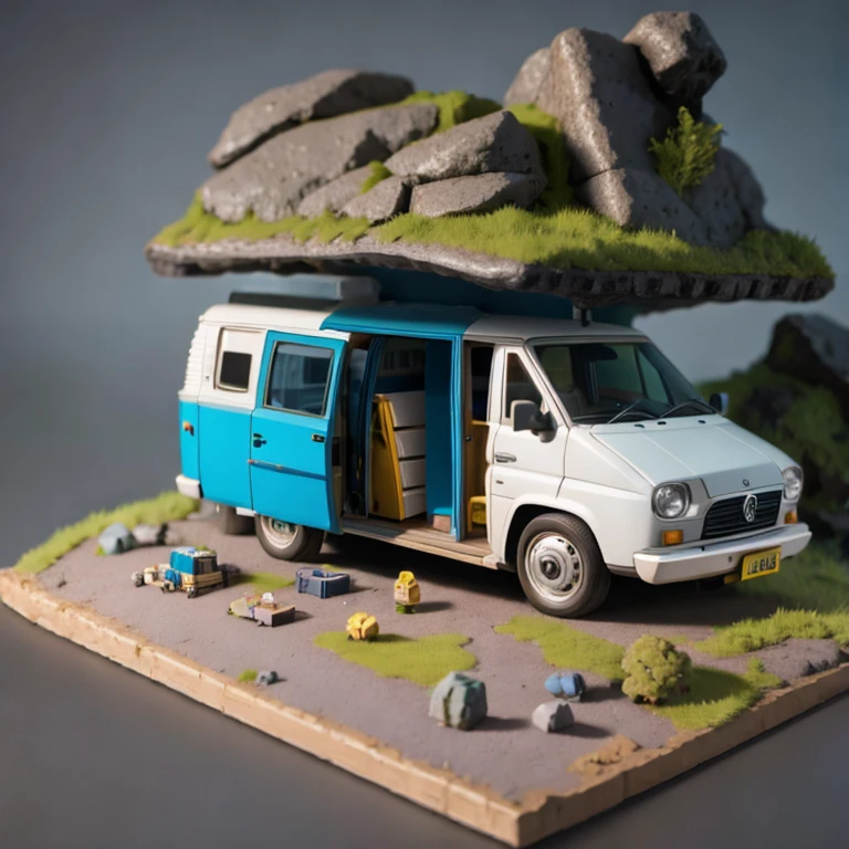 there is a small model of a camper van in a cave, stylized 3d render, 3d illustration, 3 d illustration, highly detailed diorama, 3 d low poly render, 3d low poly render, low poly 3 d, highly detailed sculpey diorama, lowpoly, low poly render, diorama model, low poly 3 d render, diorama