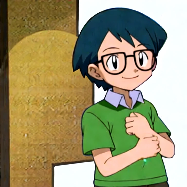 (masterpiece, best quality:1.2),1boy,solo,max \(pokemon\),upper body,black-framed eyewear,black eyes,navy hair,collared shirt,looking at viewer,smile,short sleeves
