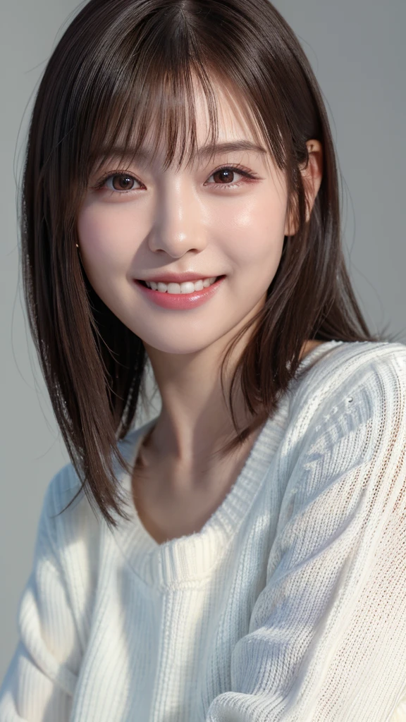 1 Japanese girl,(White sweater:1.4), (RAW Photos, highest quality), (Realistic, Realistic:1.4), Tabletop, Very delicate and beautiful, Very detailed, 8k wallpaper, wonderful, In detail, Very detailedなCG Unity, High resolution, Soft Light, Beautiful details 19 years old, Very detailedな目と顔, Beautiful and sophisticated nose, Beautiful details,Cinema Lighting,Perfect Anatomy,Slender body,smile  (Asymmetrical bangs,)