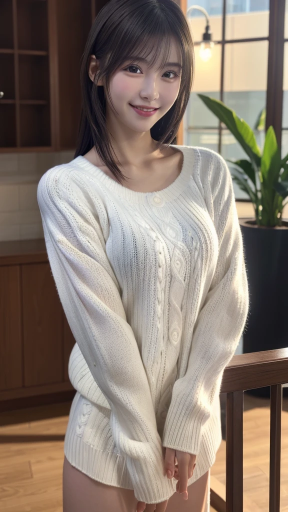1 Japanese girl,(White sweater:1.4), (RAW Photos, highest quality), (Realistic, Realistic:1.4), Tabletop, Very delicate and beautiful, Very detailed, 8k wallpaper, wonderful, In detail, Very detailedなCG Unity, High resolution, Soft Light, Beautiful details 19 years old, Very detailedな目と顔, Beautiful and sophisticated nose, Beautiful details,Cinema Lighting,Perfect Anatomy,Slender body,smile (Asymmetrical bangs,)
