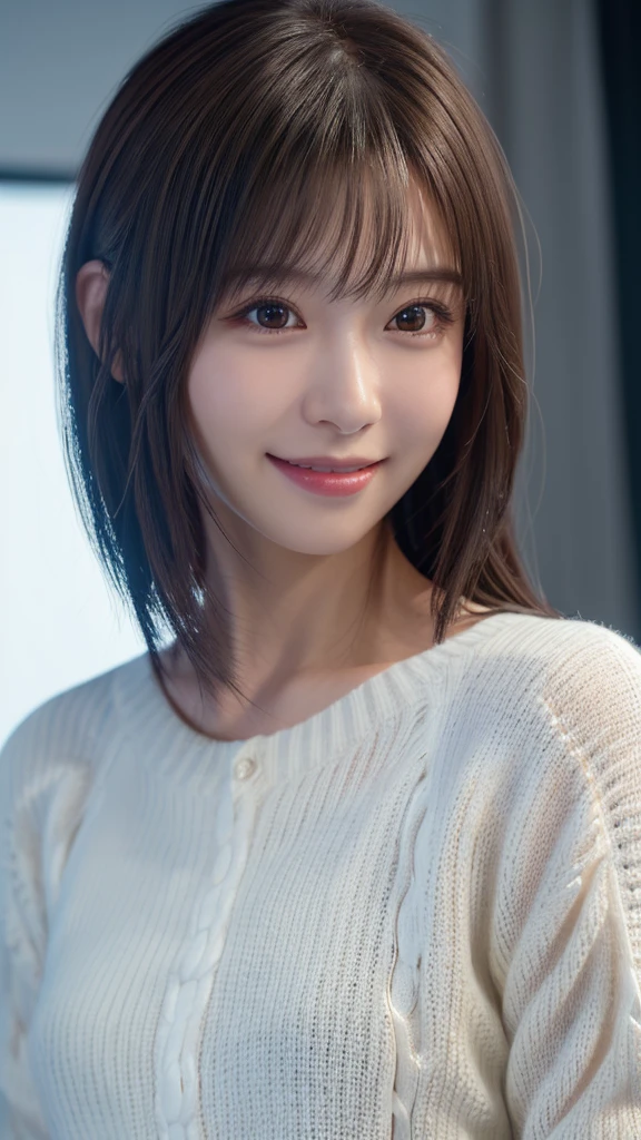 1 Japanese girl,(White sweater:1.4), (RAW Photos, highest quality), (Realistic, Realistic:1.4), Tabletop, Very delicate and beautiful, Very detailed, 8k wallpaper, wonderful, In detail, Very detailedなCG Unity, High resolution, Soft Light, Beautiful details 19 years old, Very detailedな目と顔, Beautiful and sophisticated nose, Beautiful details,Cinema Lighting,Perfect Anatomy,Slender body,smile  (Asymmetrical bangs,)