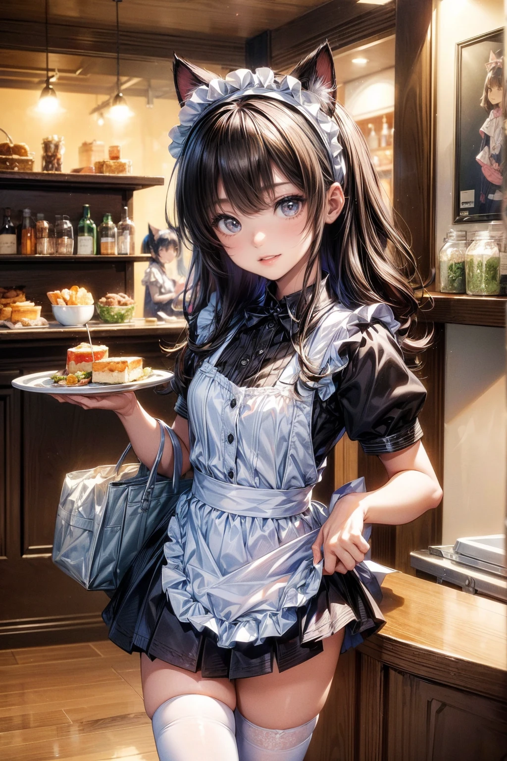 One Girl、(20-year-old woman)、Cat ears headband、Cat tail、Black maid outfit、Holding a tray with two parfaits on it in one hand、With the other hand, lift your skirt to show your underwear、Short skirt、I can see your pants、White knee-high socks、Striped pants、Highest quality、8K、Beautiful Face、Mischievous smile、Wink to the viewer、View Viewer、A bright cafe with a black cat