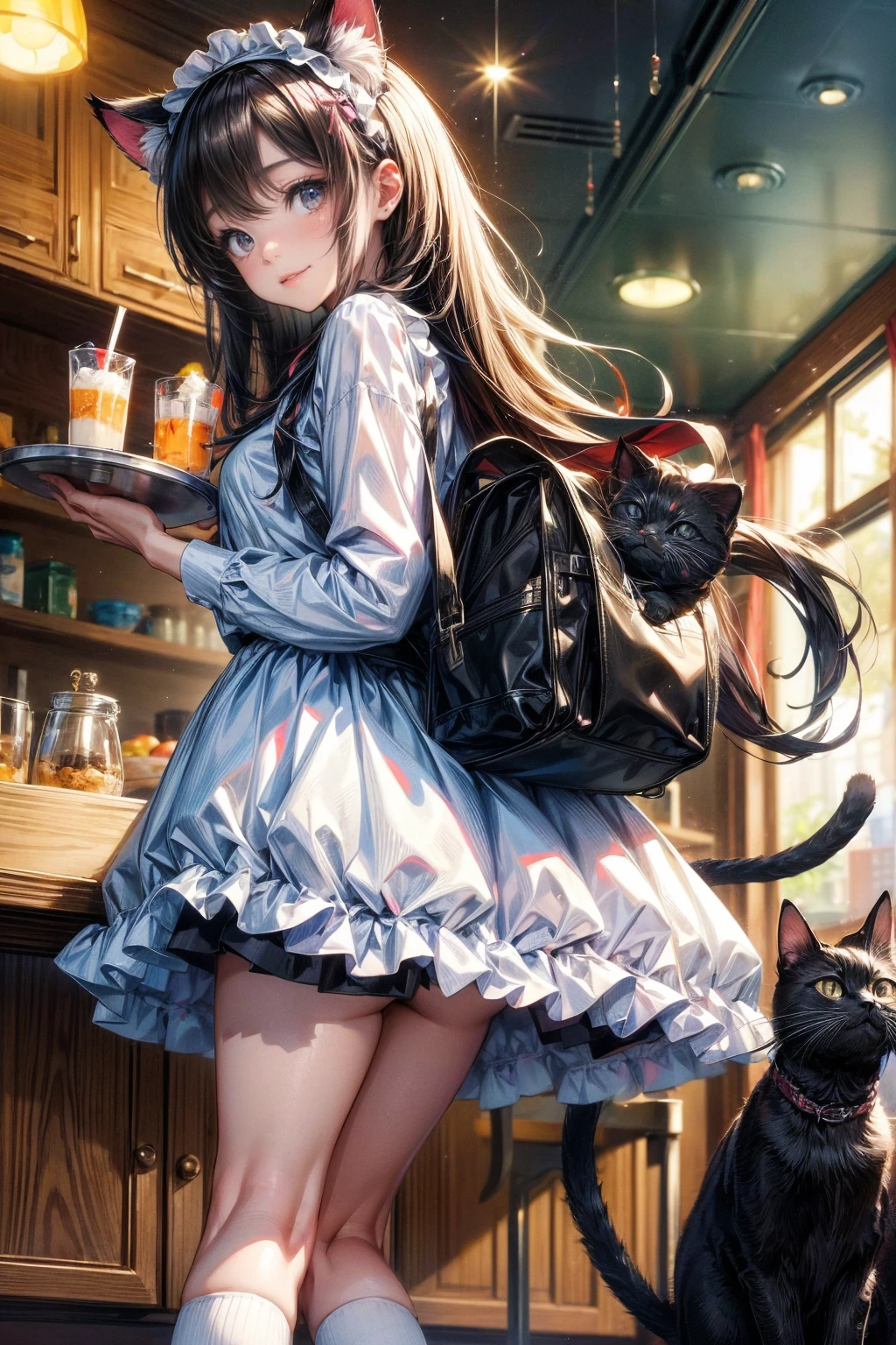 One Girl、(20-year-old woman)、Cat ears headband、Cat tail、Black maid outfit、Holding a tray with two parfaits on it in one hand、With the other hand, lift your skirt to show your underwear、Short skirt、I can see your pants、White knee-high socks、Striped pants、Highest quality、8K、Beautiful Face、Mischievous smile、Wink to the viewer、View Viewer、A bright cafe with a black cat