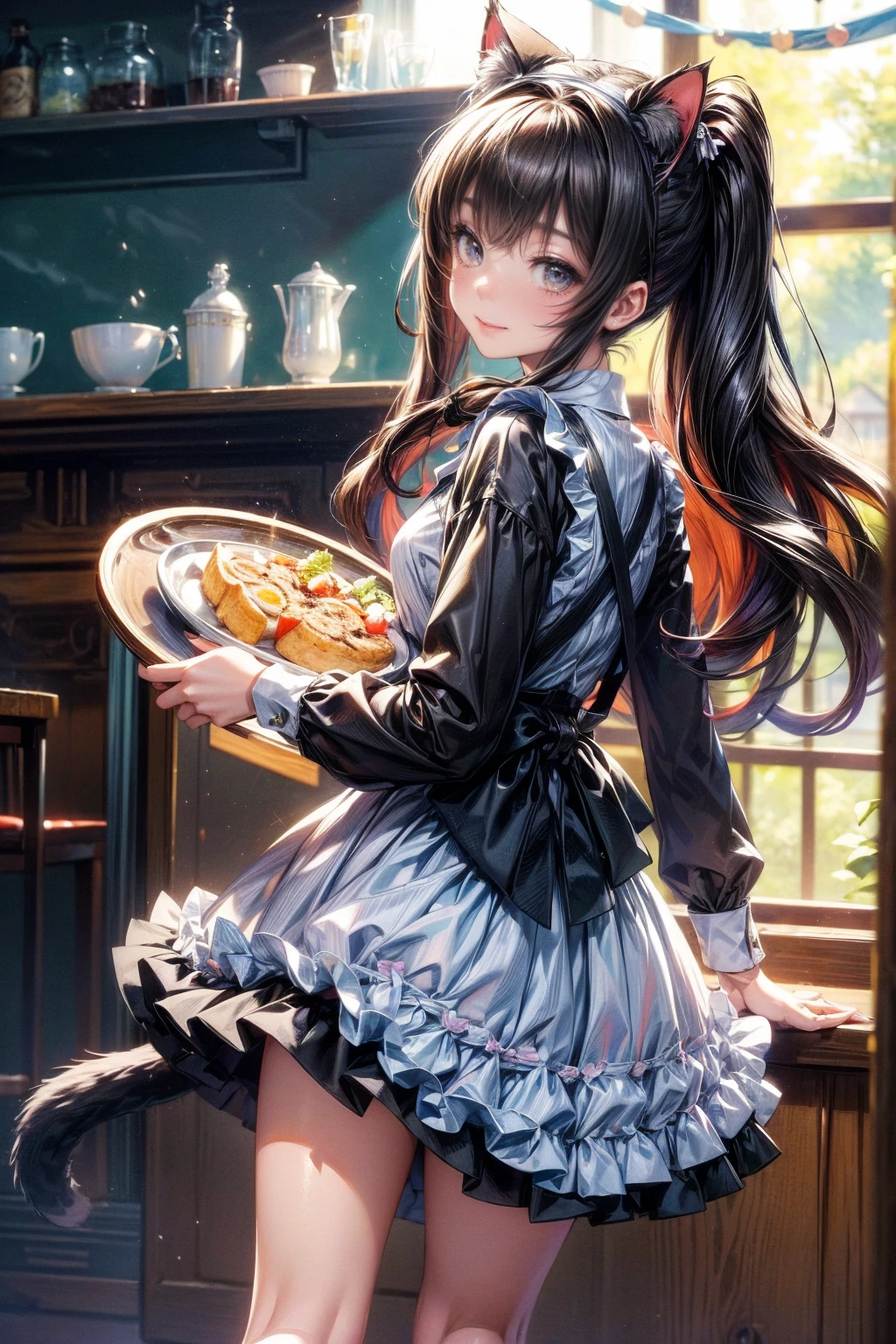 One Girl、(20-year-old woman)、Cat ears headband、Cat tail、Black maid outfit、Holding a tray with two parfaits on it in one hand、With the other hand, lift your skirt to show your underwear、Short skirt、I can see your pants、White knee-high socks、Striped pants、Highest quality、8K、Beautiful Face、Mischievous smile、Wink to the viewer、View Viewer、A bright cafe with a black cat
