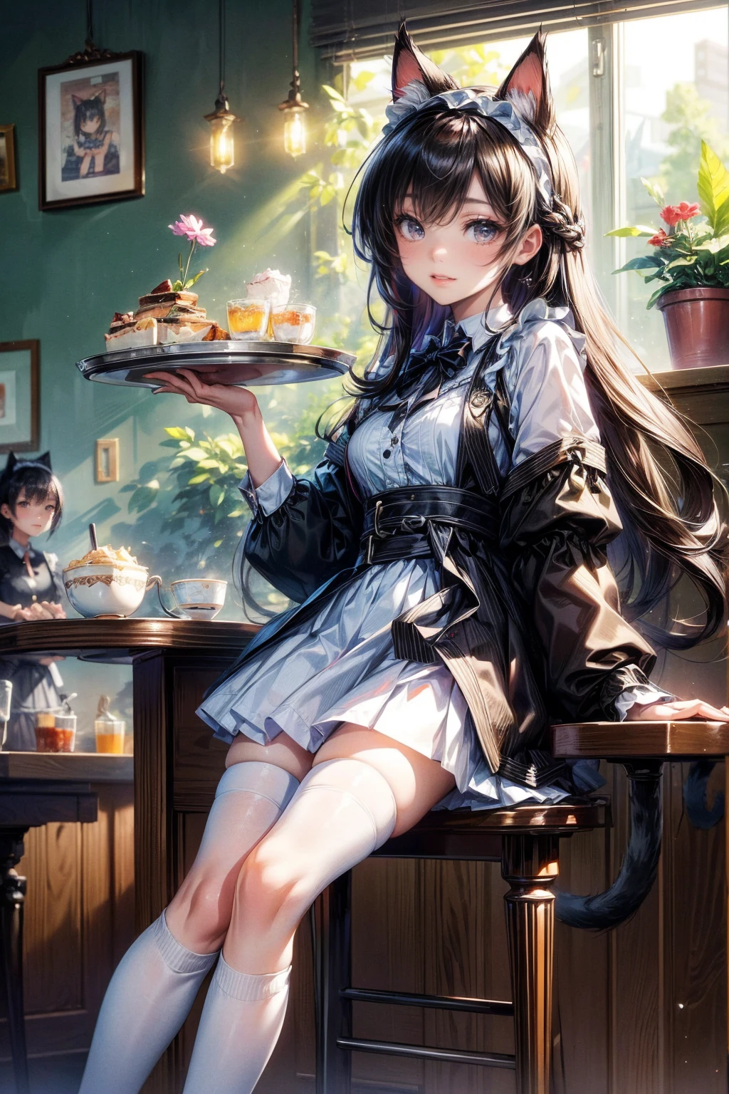 One Girl、(20-year-old woman)、Cat ears headband、Cat tail、Black maid outfit、Holding a tray with two parfaits on it in one hand、With the other hand, lift your skirt to show your underwear、Short skirt、I can see your pants、White knee-high socks、Striped pants、Highest quality、8K、Beautiful Face、Mischievous smile、Wink to the viewer、View Viewer、A bright cafe with a black cat